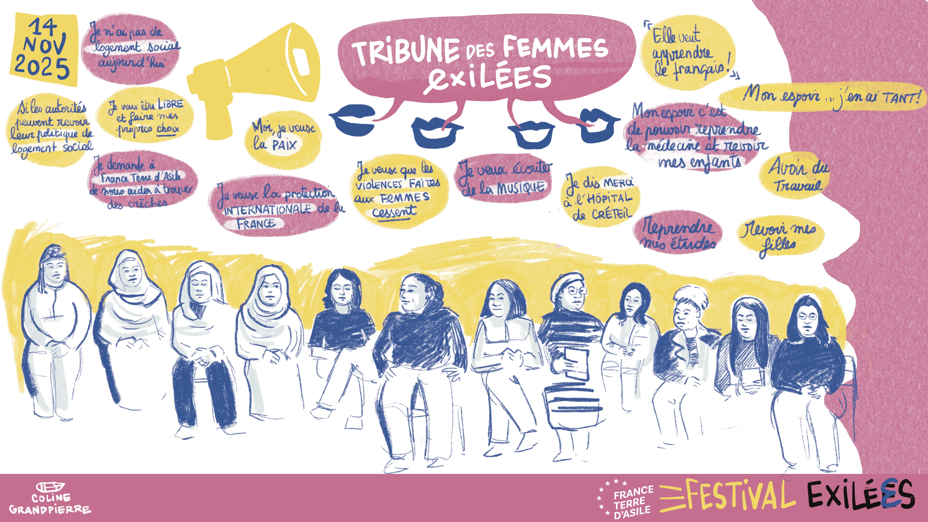 Illustration de la tribune des femmes exilées réalisée en direct par la dessinatrice Coline Grandpierre Image